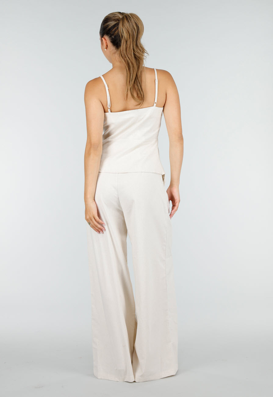 Beige Spaghettiband Top met Wide Leg Broek Set
