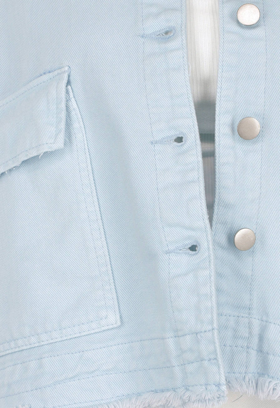 Lichtblauwe Denim Jas met Klepzakken, Trekkoord en Knoopsluiting