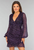 Paarse Glitter Ruches Jurk met Pofmouwen