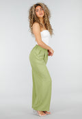 Groene Linnenlook Wide Leg Stretch Pantalon met Hoge Taille en Plooien