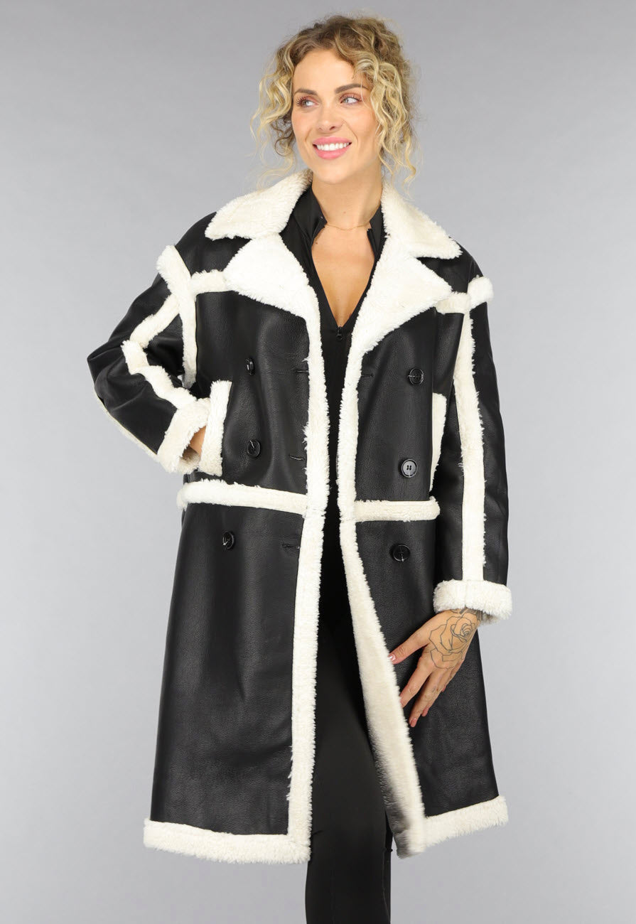 Zwarte Lange Lederlook Teddy Mantel Jas