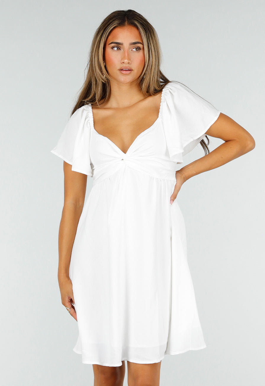 Witte Korte Jurk met Strik, Open Rug en Korte Mouwen