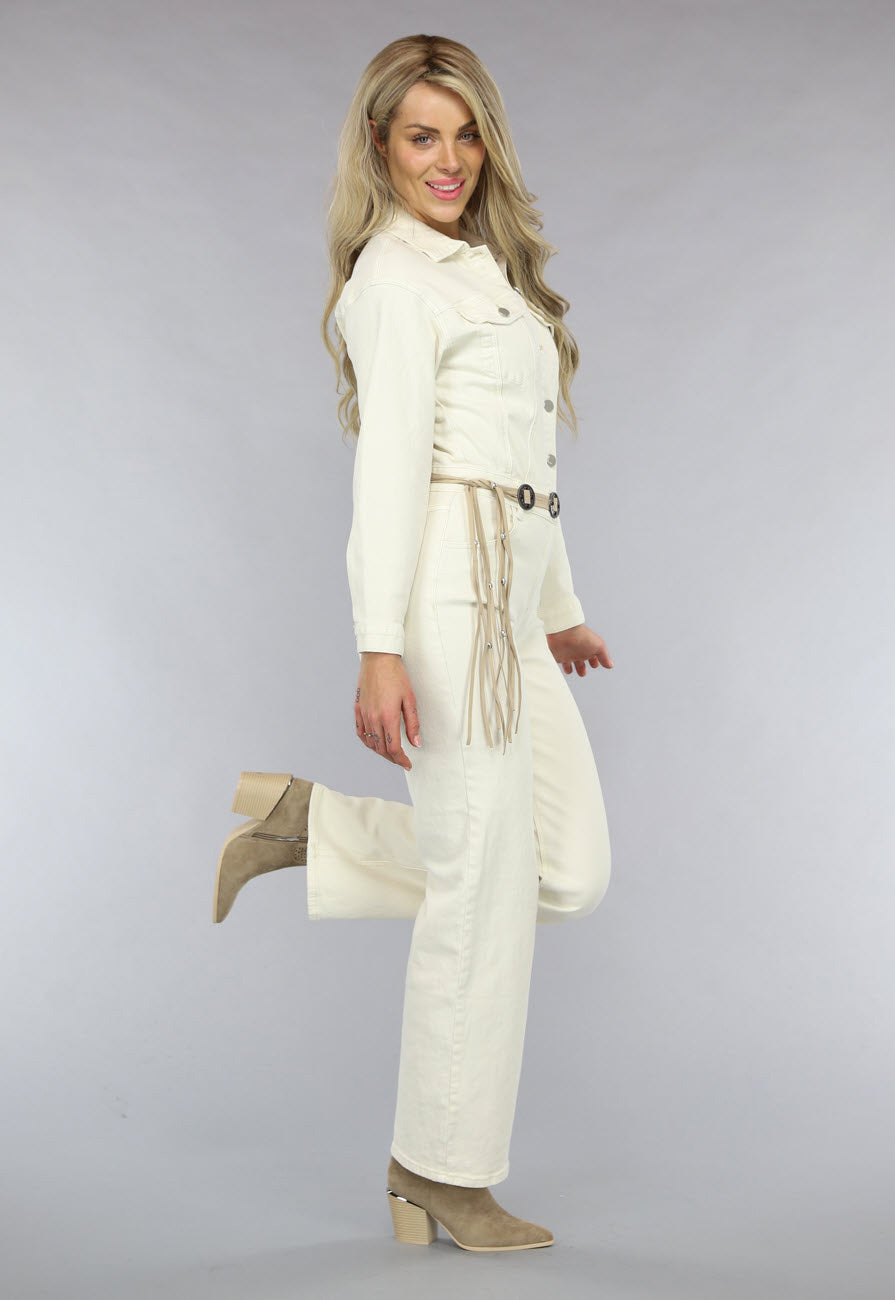 Redial Jeans  Longsleeve Straight Leg Jeans Jumpsuit in Crème