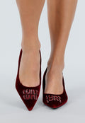 Bordeauxrode Velvet Pumps met Spitse Neus en Middelhoge Hak