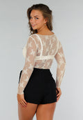 Crème Kanten Mesh Top met Bloemenprint en Stretch