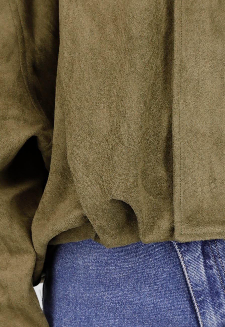 Olijfgroene Oversized Jas van Suède Look met Kraag en Lange Mouwen