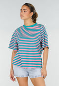 Roze Turquoise Gestreept T-shirt met Korte Mouwen en Ronde Hals