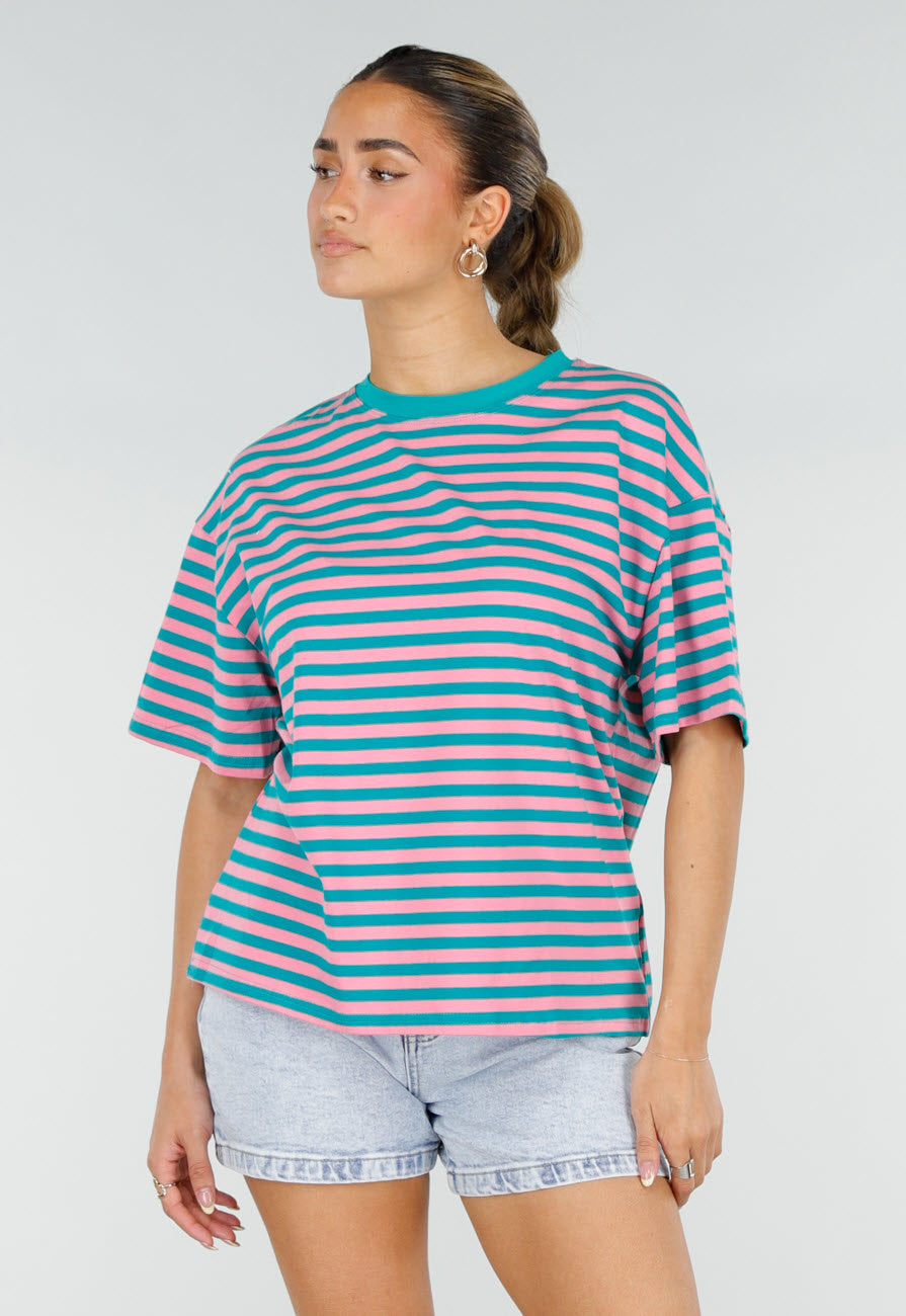 Roze Turquoise Gestreept T-shirt met Korte Mouwen en Ronde Hals