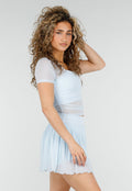 Lichtblauwe Mesh Crop Top met Korte Mouwen en Pads