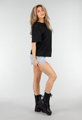 Zwart Kanten T-shirt met Korte Mouwen en Ronde Hals