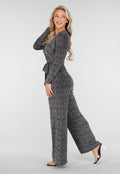 Jumpsuit met V-Hals en Lange Mouwen in Zwart met Zilveren Glitterprint