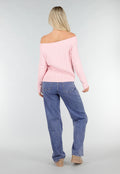 Lichtroze Off Shoulder Trui met Kabelpatroon en Brede Halsrand