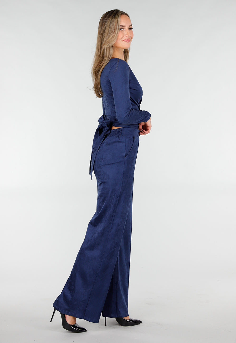 Donkerblauwe Straight Leg Suède Pantalon met Rechte Pijpen