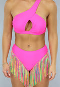 Asymmetrische Neon Roze Bikini Set met Franjes