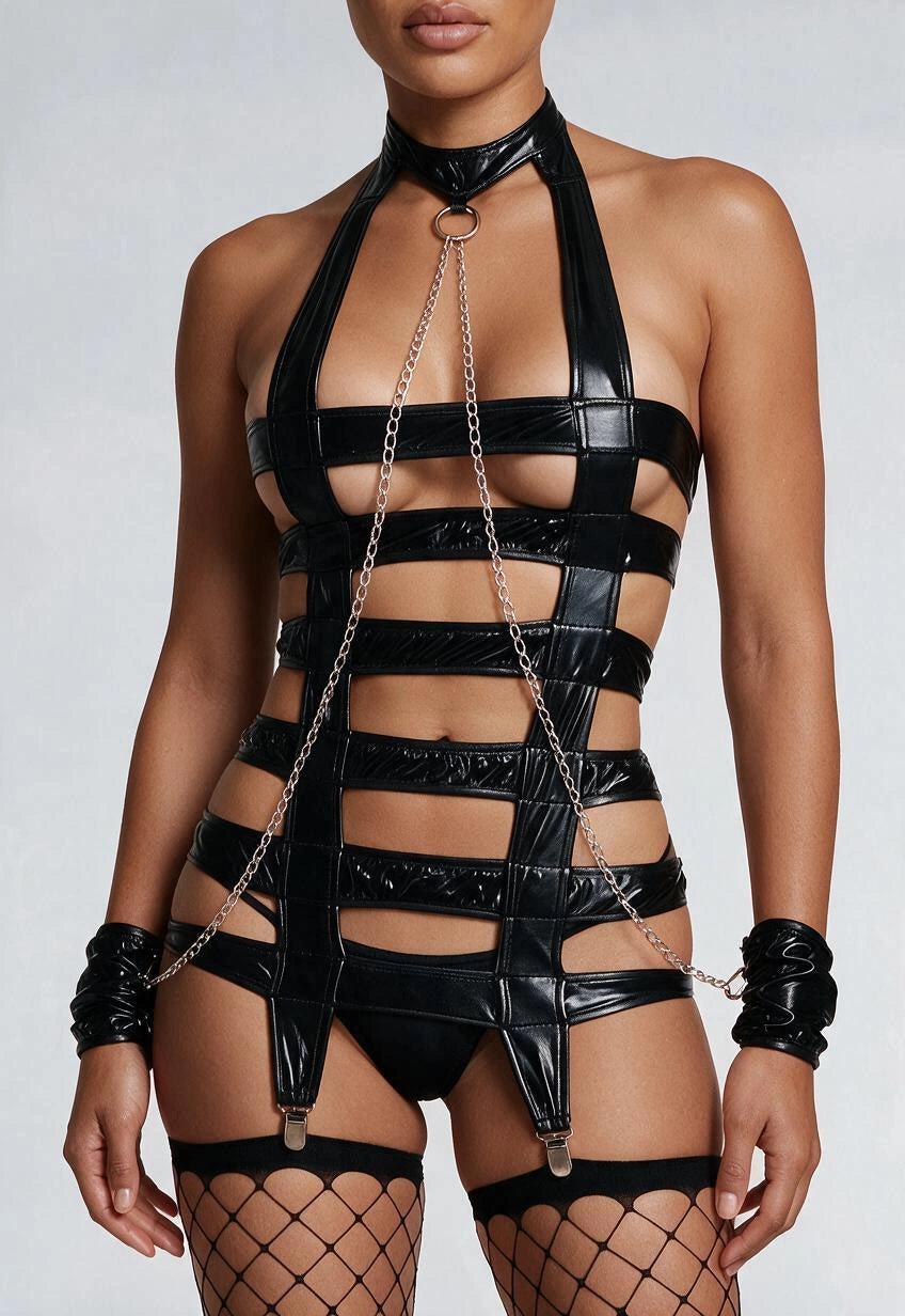 Kinky Wetlook Lingerie Set met Jarretels Zwart
