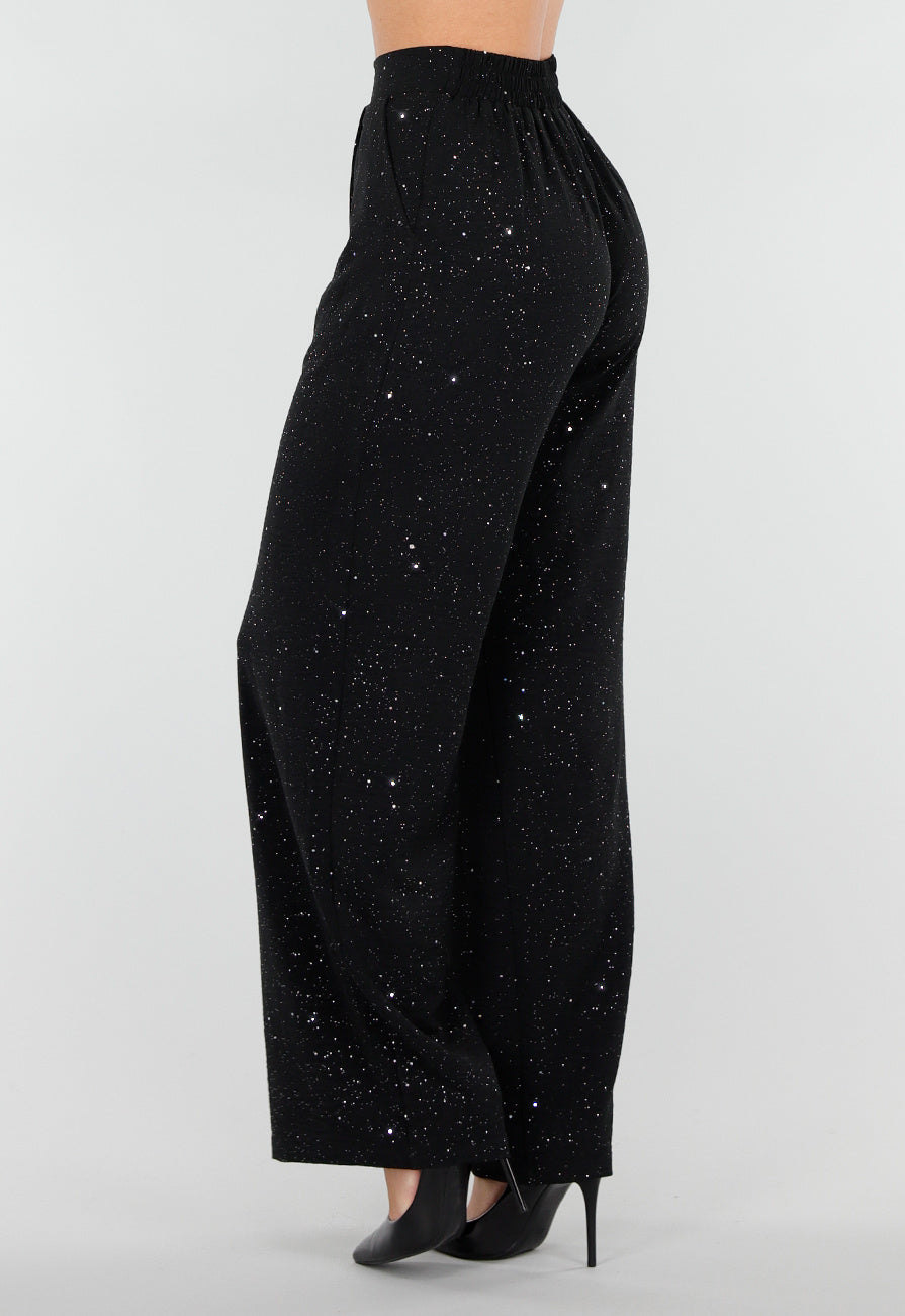 Zwarte Linnenlook Glitter Pantalon  met Stretchband