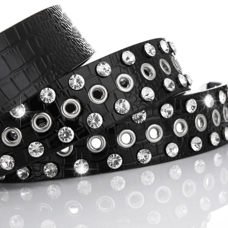 Grove Zwarte Lederlook Riem met Strass