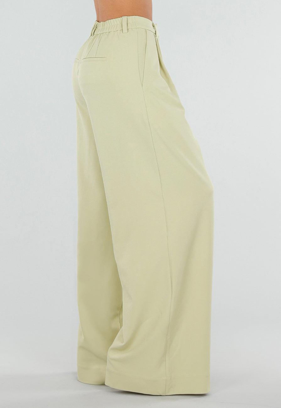 Pistache Groene Tall Wide Leg Broek met Plooien