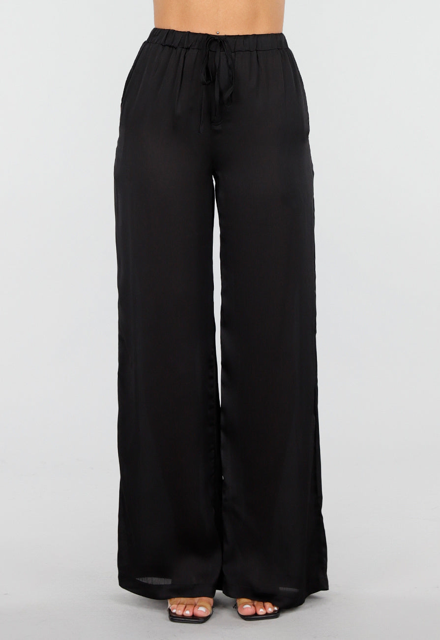 Zwarte Satijnlook Set Met Blouse en Wide Leg Broek