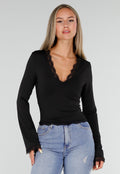 Zwarte Aansluitende Top met Kanten V-Hals en Lange Mouwen