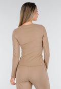 Beige Zachte Stretch Top met Ronde Hals en Lange Mouwen
