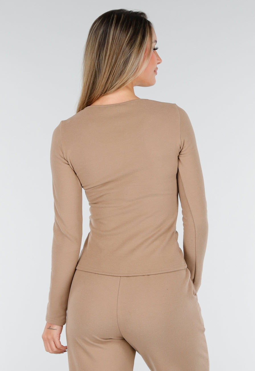 Beige Zachte Stretch Top met Ronde Hals en Lange Mouwen