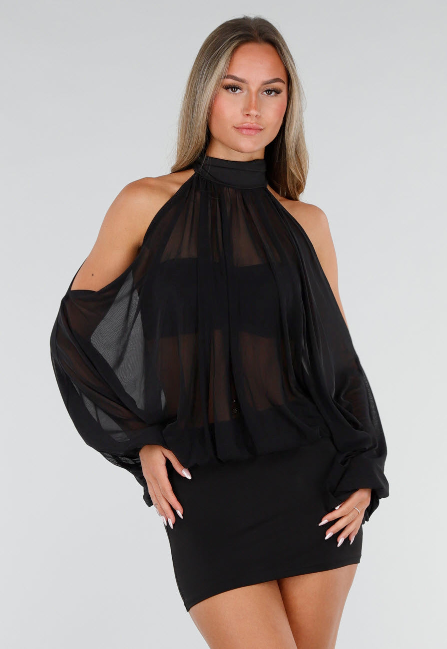 Zwarte Mini Jurk met Open Schouders En Chiffon Mouwen
