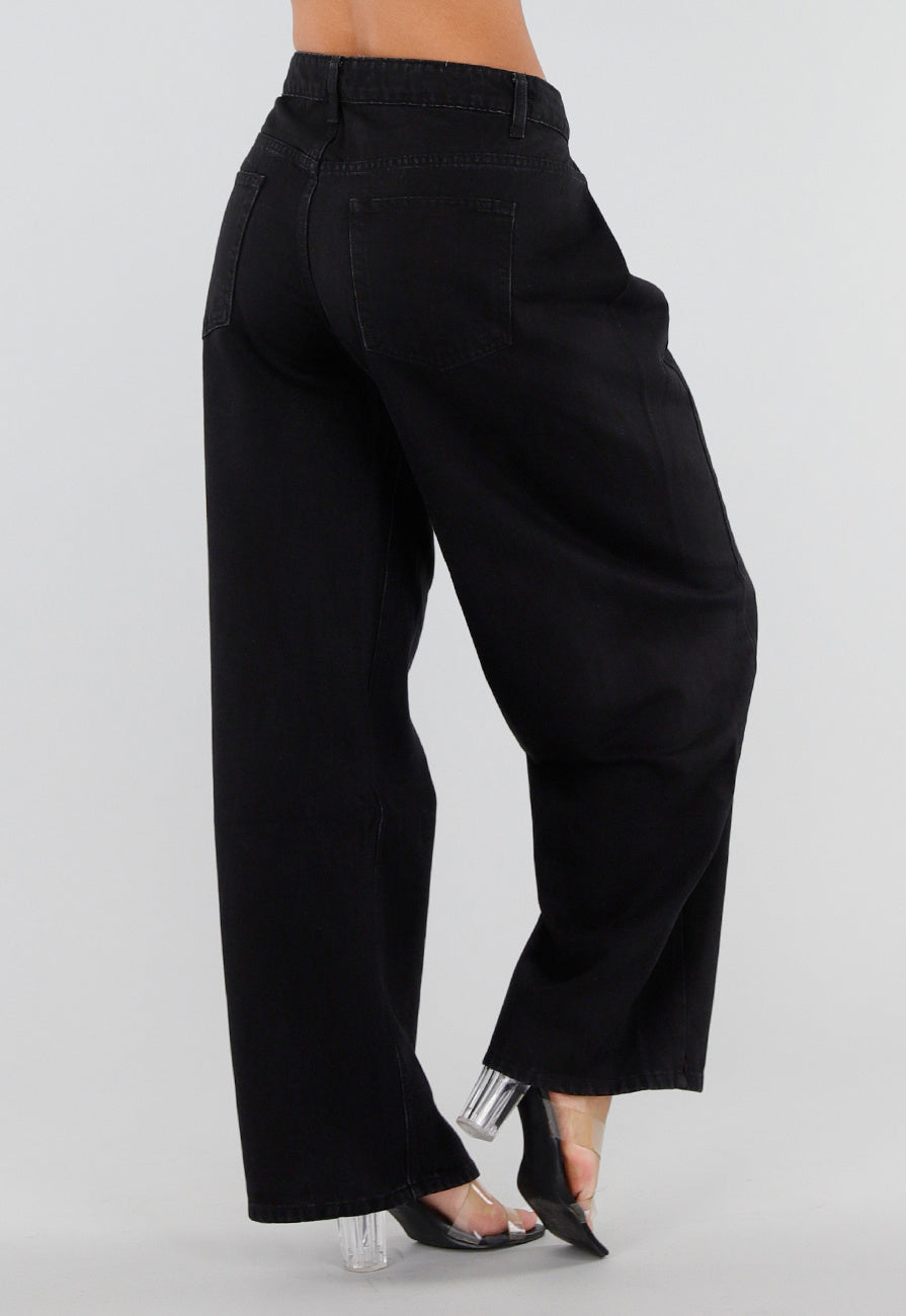 Zwarte Barrel Jeans met Hoge Taille en Plooien