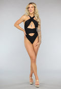 Padded Zwart Cross Over Badpak met Ritssluiting