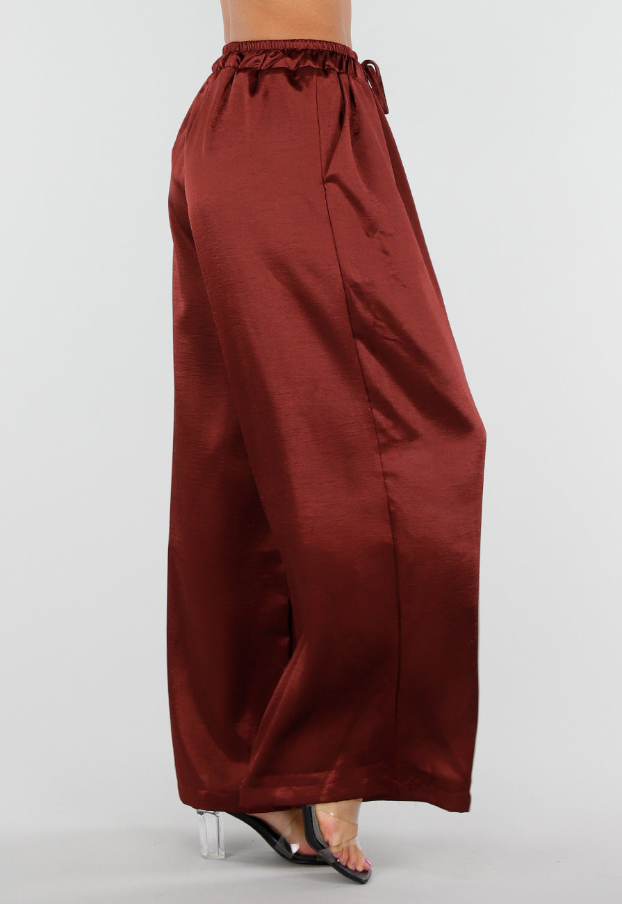 Satijnen Bordeaux Rode Wide Leg Broek met Elastische Taille