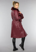 Lange Wijnrode Lederlook Trenchcoat met Bont
