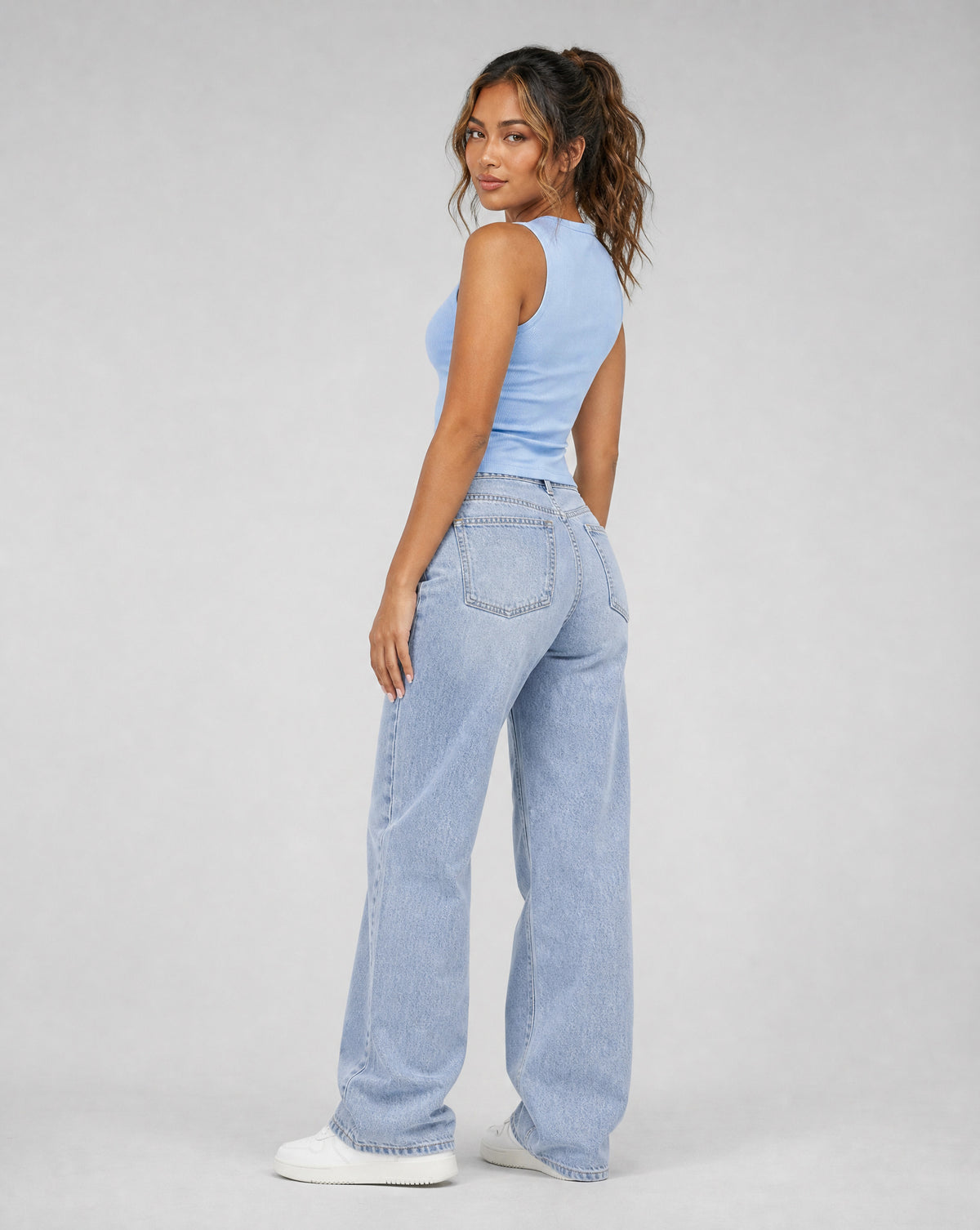 Lichtblauwe Rib Top met Ritssluiting en Stretch