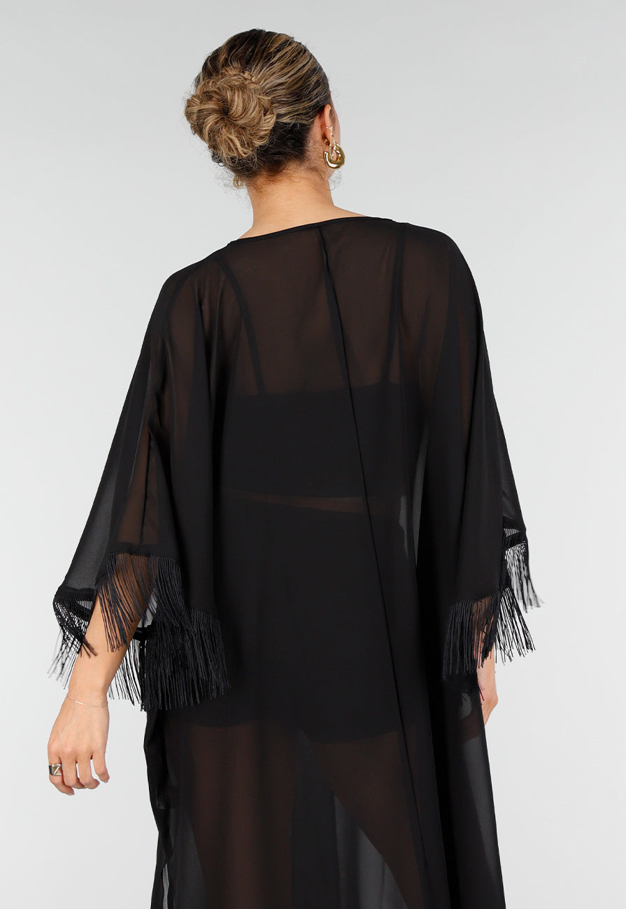Zwarte Kimono met Halflange Mouwen en Franjes