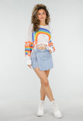 Witte Gehaakte Trui met Regenboog Print en Franjes