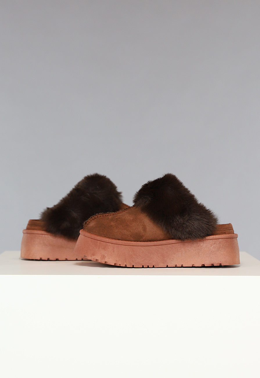 Bruine Plateau Pantoffels met Imitatiebont