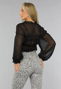 Geplooide See Through Zwarte Ruches Blouse met Knoopjes
