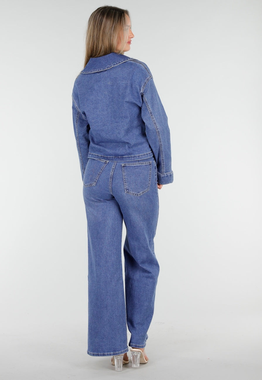Redial Jeans  Denim Top met Halve Rits en Opstaande Kraag in Blauw