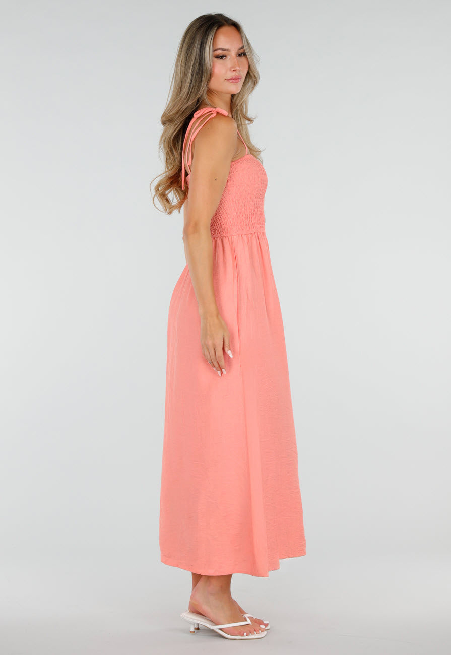 Coral Roze Maxi Jurk met Smock en Strikbandjes