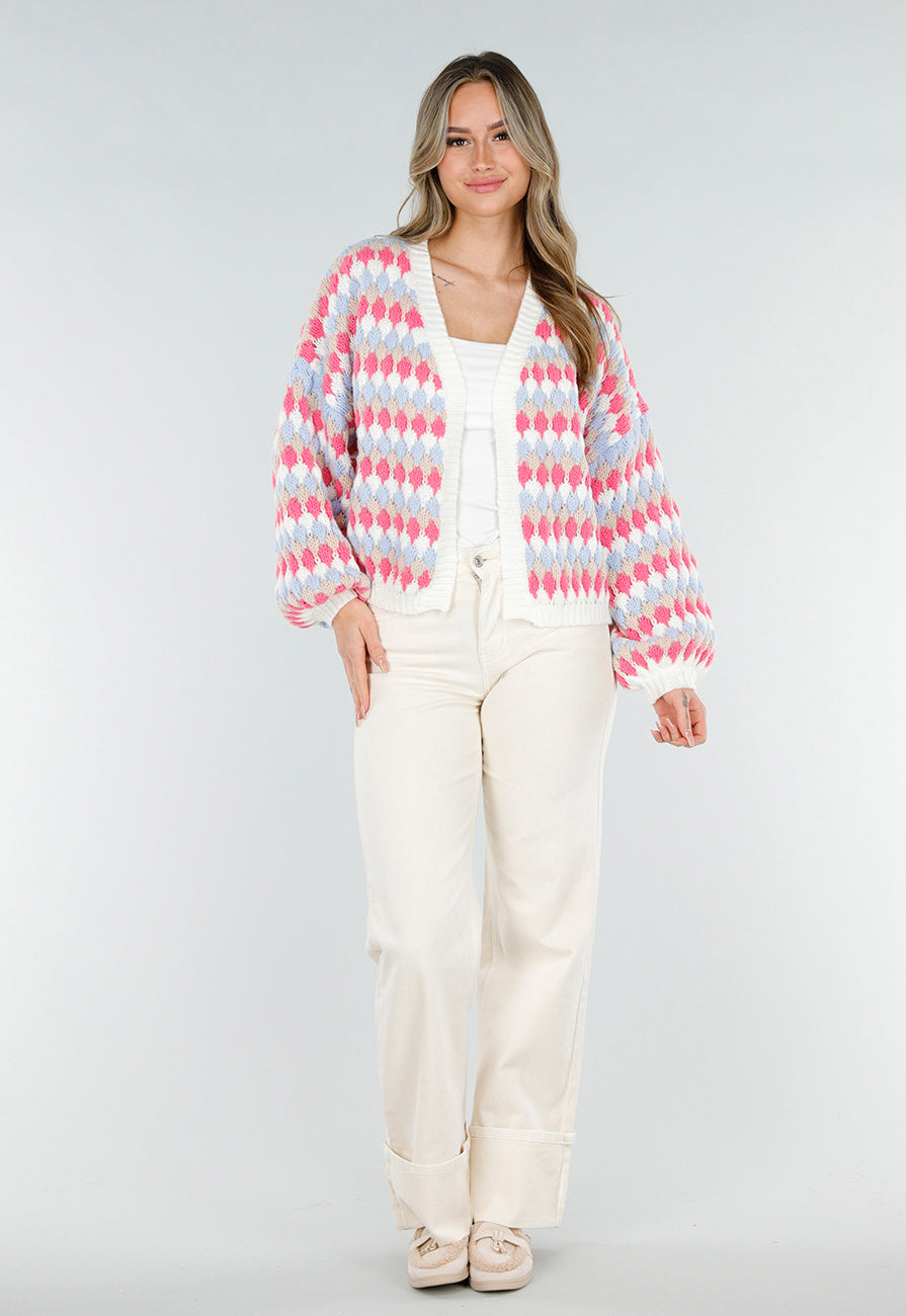 Gebreid Vest met Roze en Blauwe Ruitprint