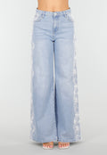 Lichtblauwe Denim Wide Leg Jeans met Kantdetail en Hoge Taille