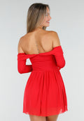 Rode Off Shoulder Jurk met Strikdetail
