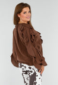 Bruine Blouse met Volants en Losvallende Ballonmouwen