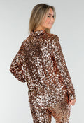 Goudkleurige Pailletten Blouse met Kraag en Lange Mouwen