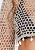 Lichtbeige Fishnet Bolero met Lange Mouwen en Kauri Schelpjes