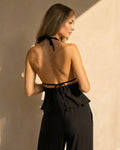 Zwarte Halter Top en Wide Leg Broek Set met Open Rug