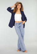 Marine Blauwe Blazer met Geplooide Driekwart Mouwen