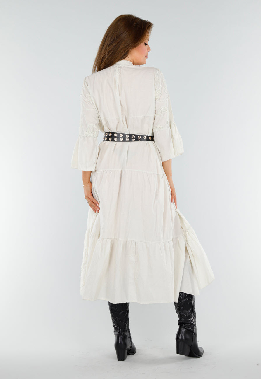 Beige Maxi-Jurk met Borduursels en Trompetmouwen in Linnenlook