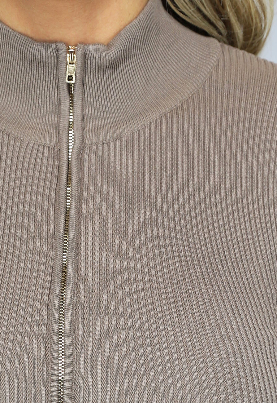 Taupe Ribstof Jumpsuit met Lange Mouwen en Rits