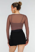 Bruine Stretch Mesh Crop Top met Losse Top en Pads