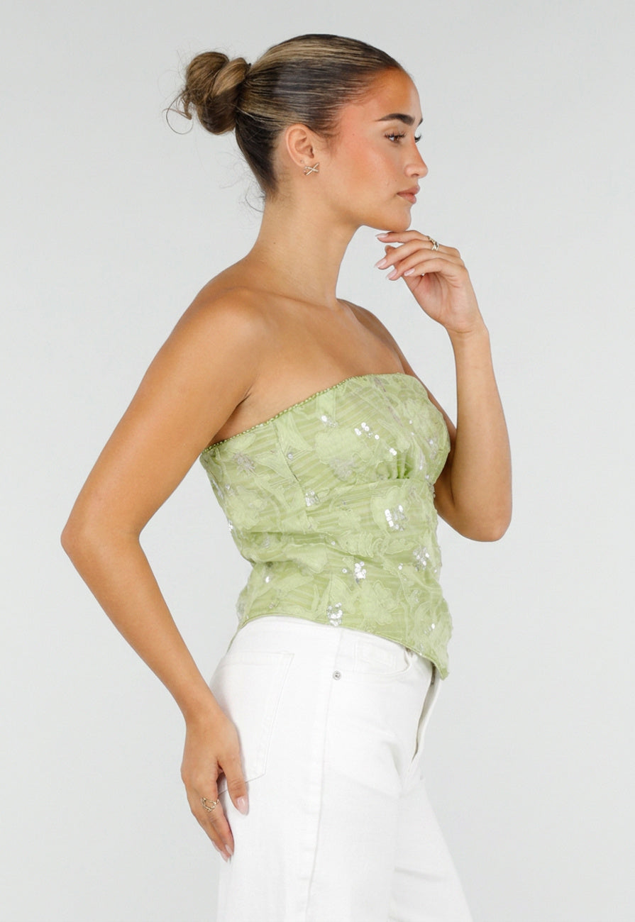 Olijfgroene Strapless Top met Pailletten, Bloemenpatroon en Blinde Rits